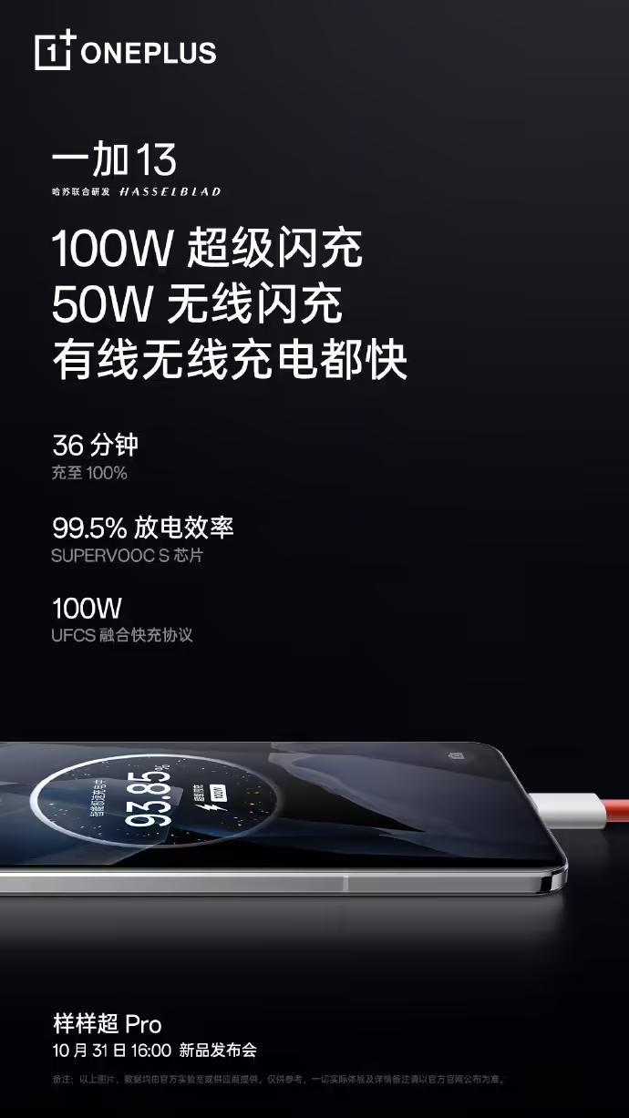 一加13手機支援100W UFCS融合快充協議、50W無線閃充