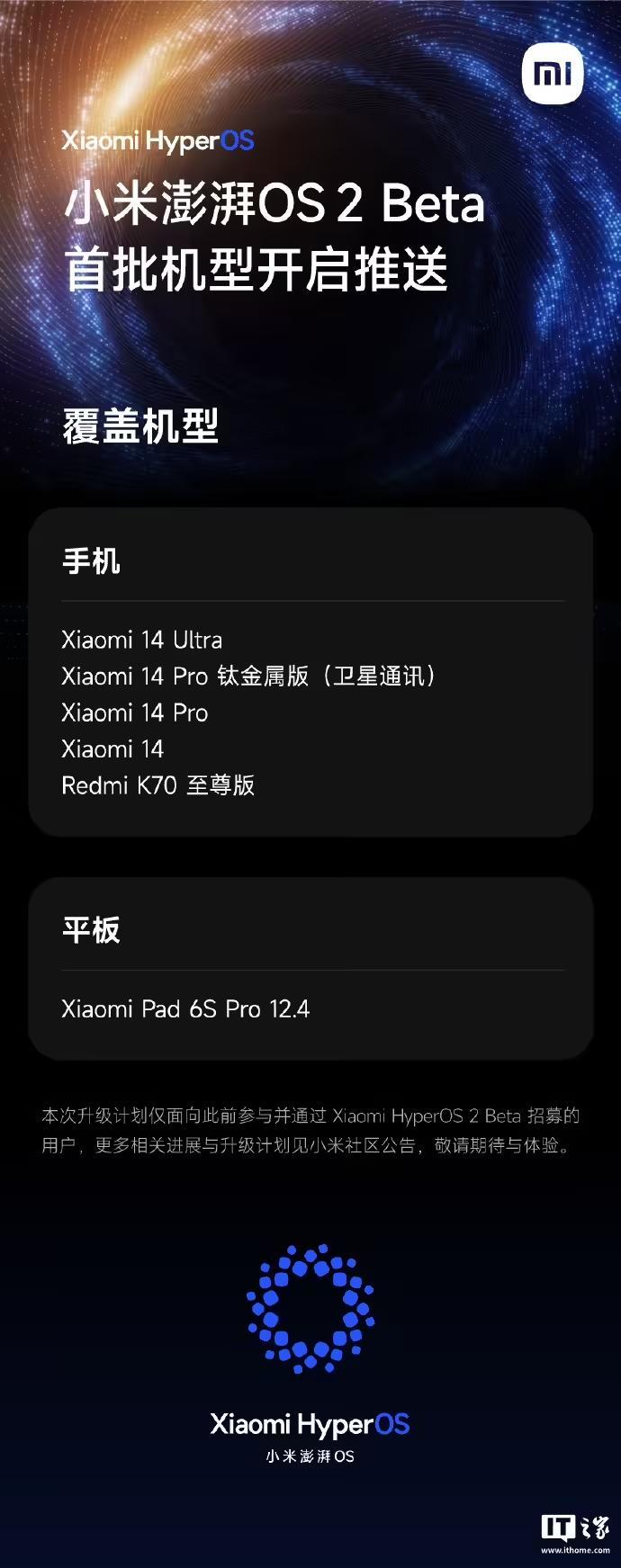 小米澎湃OS 2 Beta首批機型開啟推送：含小米14系列、Redmi K70至尊版等